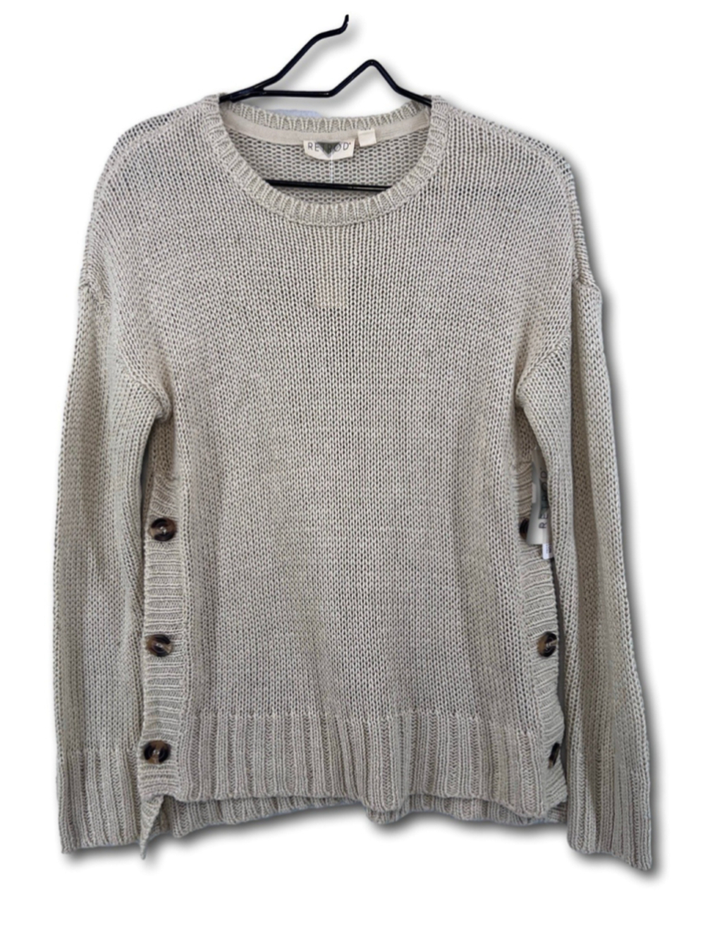 RetRod Knit Pullover Sweater Beige Button Accent Crew Neck Long Sleeve Small NWT